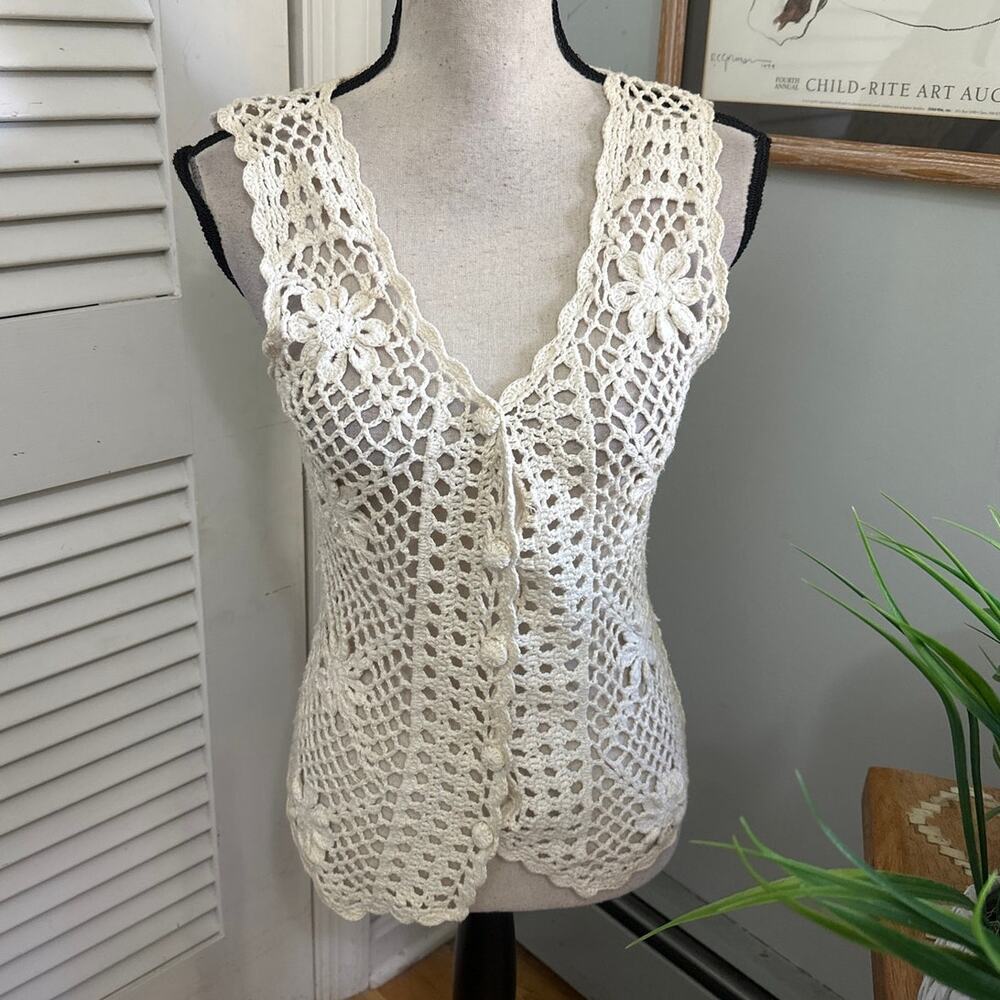 Vintage One Step Up One Size Hand Knit Cream Open Knit Retro Granola Boho Chic
